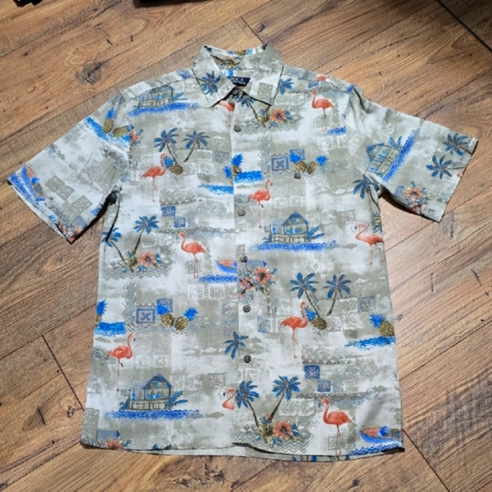 BOCA CLASSICS Casual Cream and Blue Button Down Shirt with Tropical Print